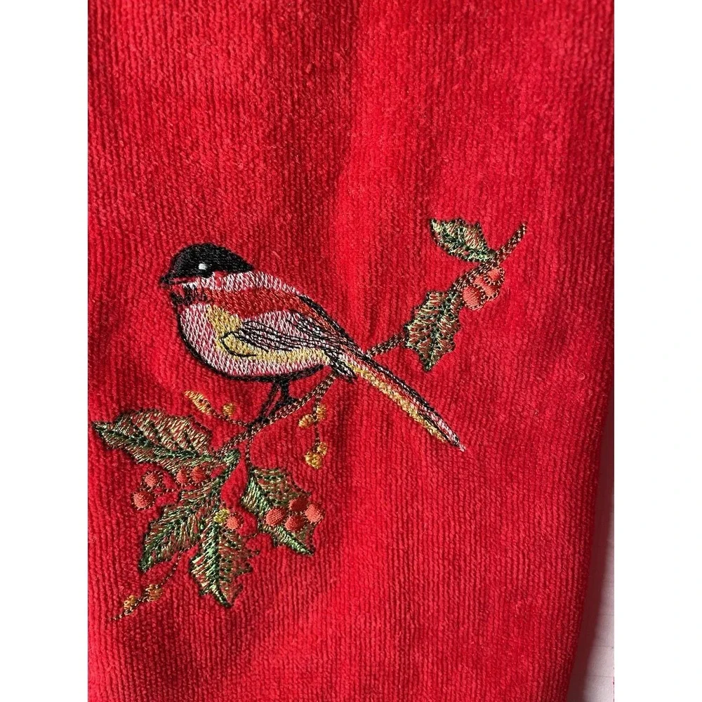 Lenox Set of 2 Winter Song Red Hand Kitchen Towels. Embroidered Holly & Birds